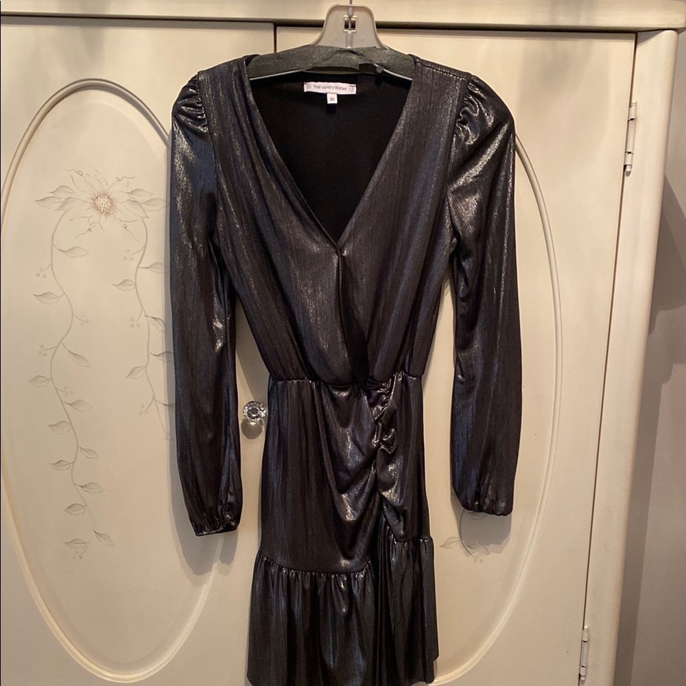 The Vanity Room Black and Silver Wrap Dress with Bishop Sleeves